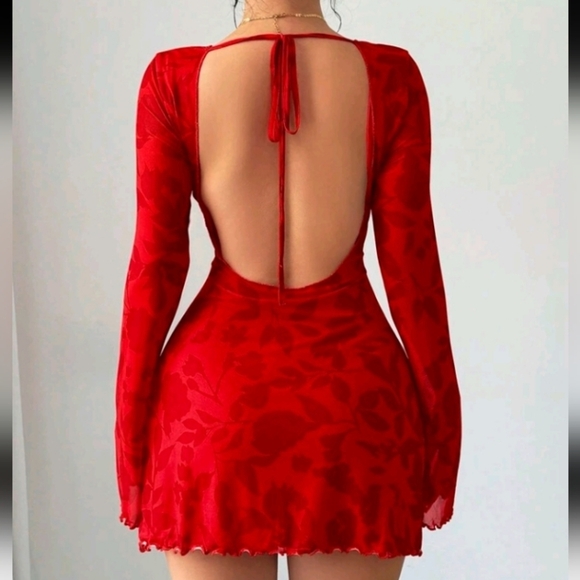 Women's Floral Print Backless Flare Sleeve Mini Dress,Summer Dresses - Picture 3 of 5